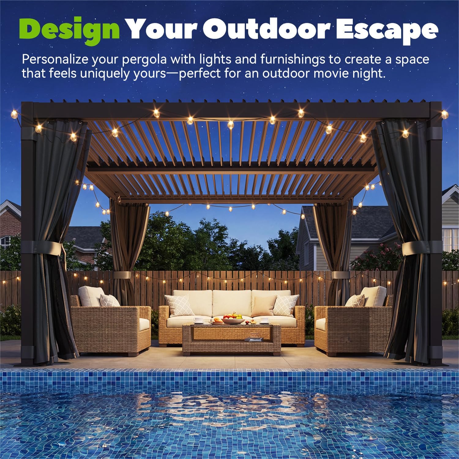 MELLCOM Louvered Pergola 12x12, Steel Aluminum Pergola with Adjustable Louvered Roofs, Outdoor Gazebo with Waterproof Curtains and Nets, Black