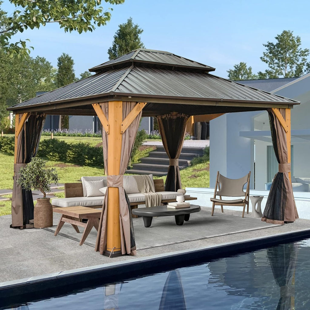 Domi Hardtop Gazebo 12'x14' Cedar Frame Wood Gazebo with Galvanized Steel Double Roof, Outdoor Permanent Metal Gazebo with Curtains and Netting for Patio,Deck,Backyard