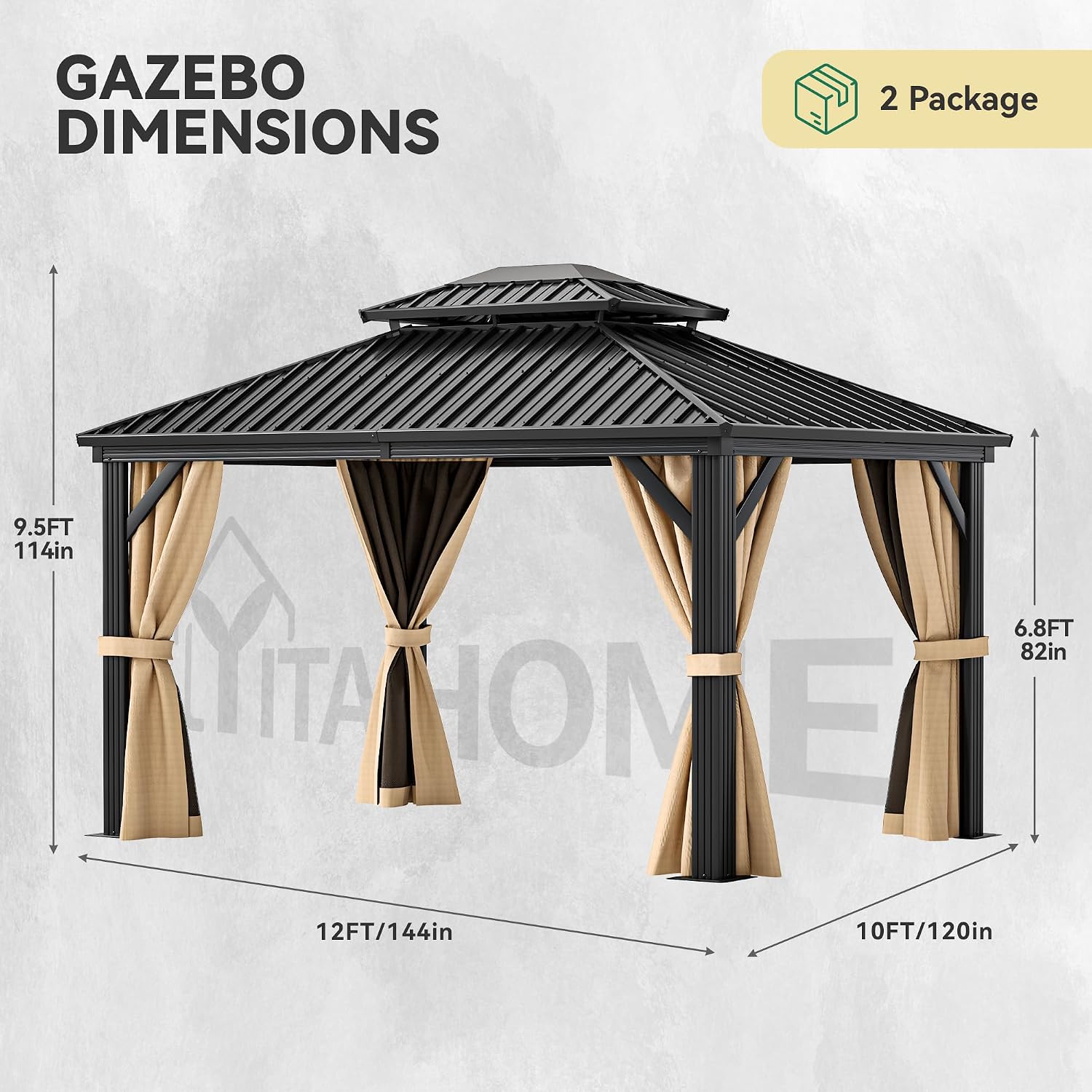 YITAHOME 10X12FT Hardtop Gazebo Double Roof Canopy Galvanized Iron Aluminum Frame Garden Tent Curtains Netting for Patios Backyards Decks Lawns