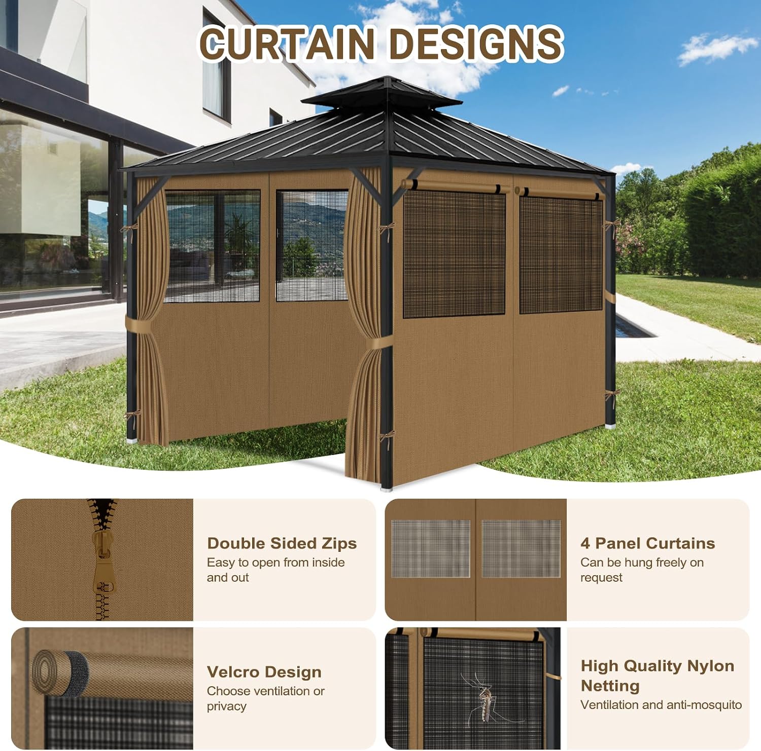 Gazebo Privacy Curtain 10'x12', Replacement Curtains with Mosquito Net Windows, 4-Panels Side Wall, Zippers, Waterproof Outdoor Curtains for Patio, Canopy, Garden and Backyard, Khaki (Curtain Only)