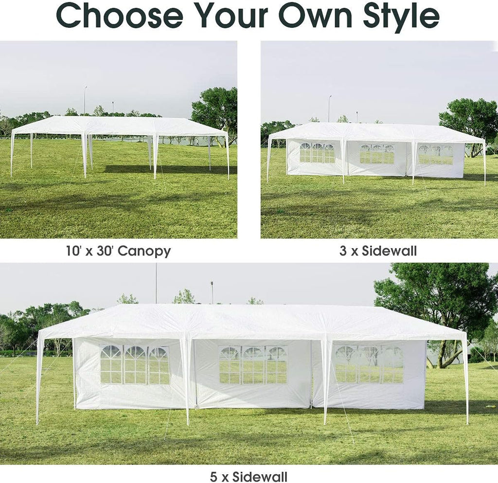 Tangkula 10' x 30' Party Tent, Portable Outdoor Tent with 5 Removable Sidewalls, and Connection Stakes, Ropes, Suitable for BBQ, Beach, Garden and Outdoor Events, Wedding Tent, White