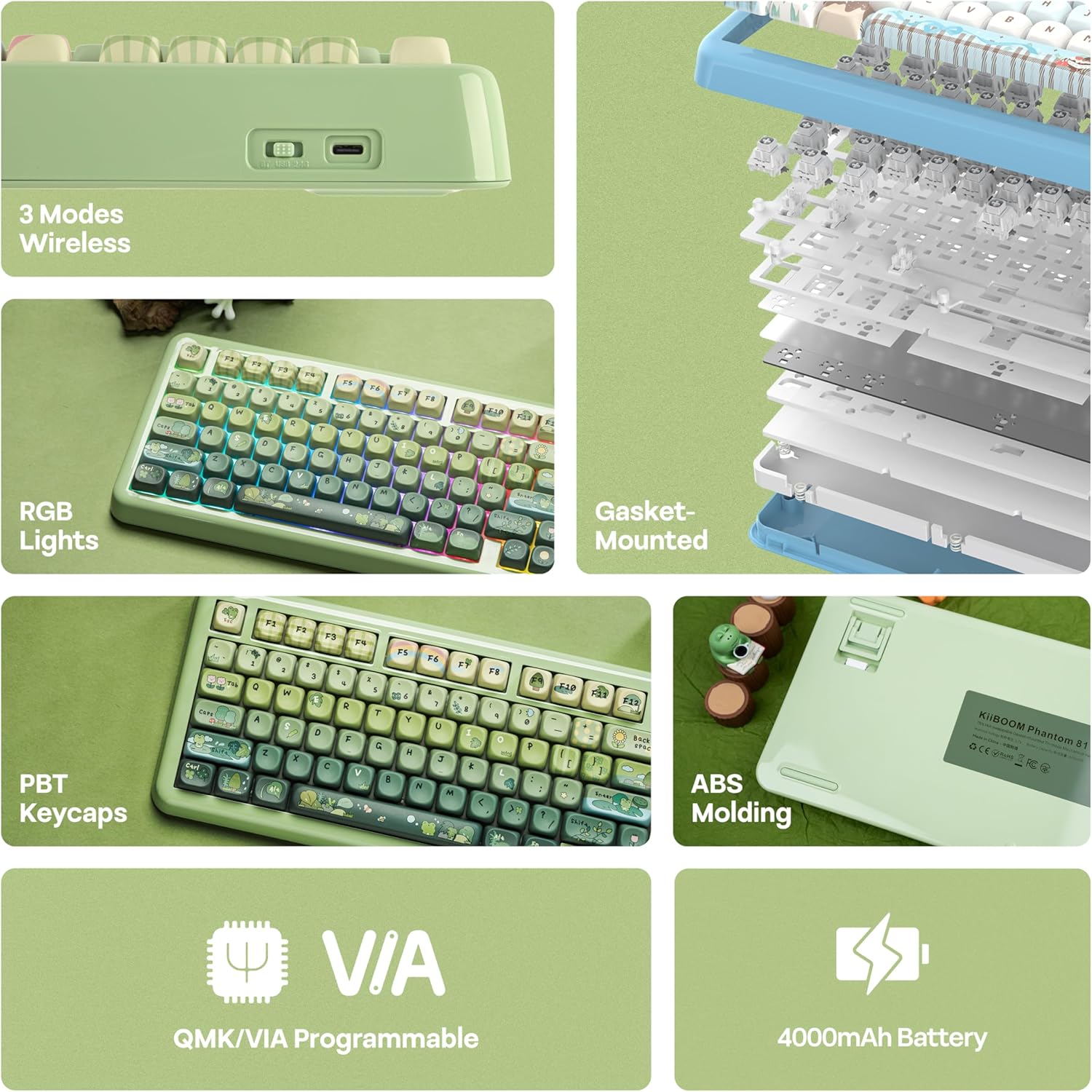 KiiBoom Phantom81 Lite 75% Gasket Mechanical Keyboard, QMK&VIA Programmable, 3 Modes Wireless Gaming Keyboard, RGB Backlights, ABS Case + UV Tech, Hot-Swappable for Windows/Mac/Linux (Green)