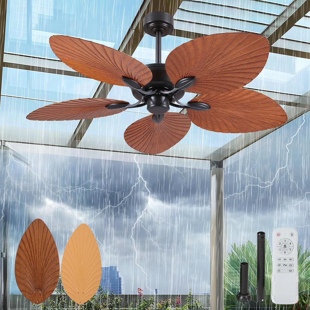 PHORUS 52' Waterproof Outdoor Palm Leaf Ceiling Fans Without Lights and Remote,Wet Rated Tropical Ceiling Fans for Patios Porch Gazebo Pergola