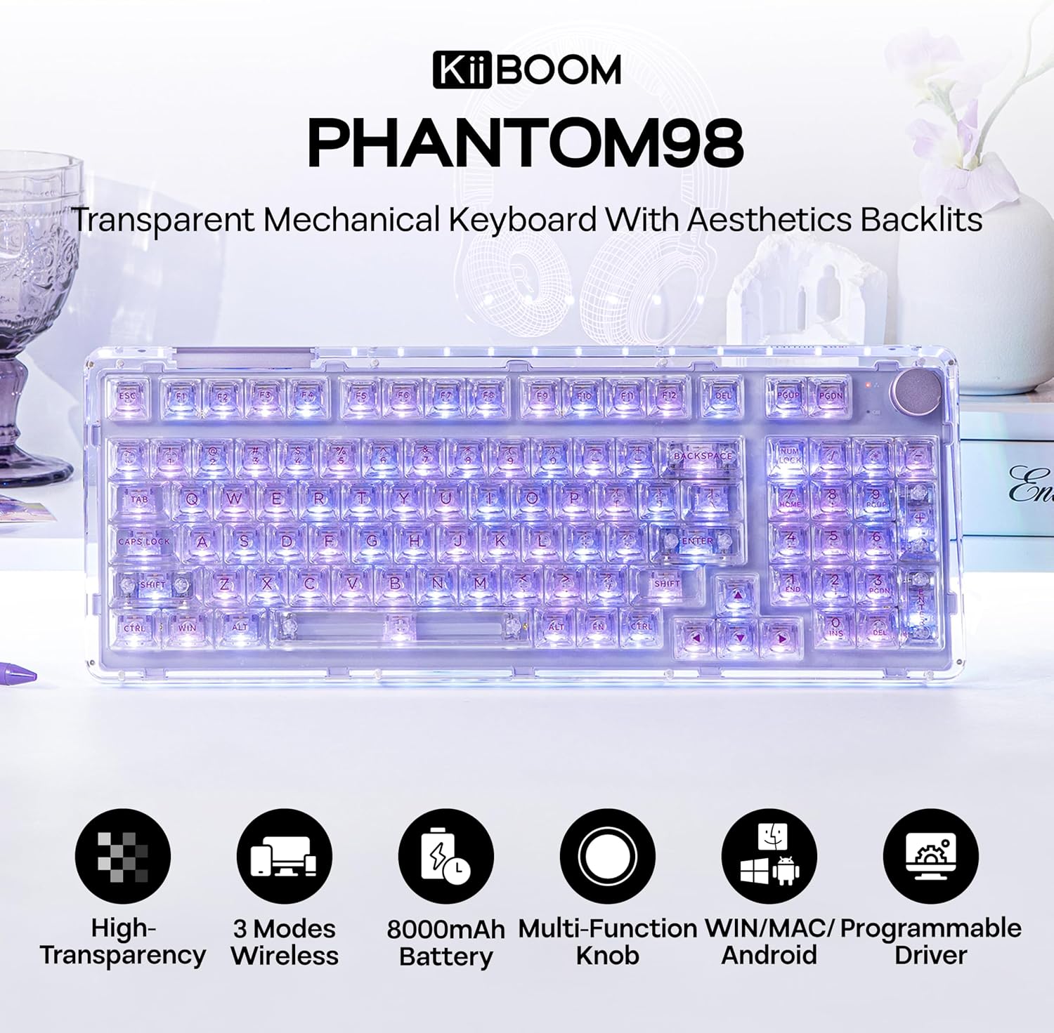 KiiBoom Phantom 98 Crystal Mechanical Gaming Keyboard, Transparent Keyboard with RGB Backlits, Hot-Swappable, Shine Through Clear Keycaps, 3 Modes Wireless, 8000mAh Battery, NKRO for Win/Mac (Purple)