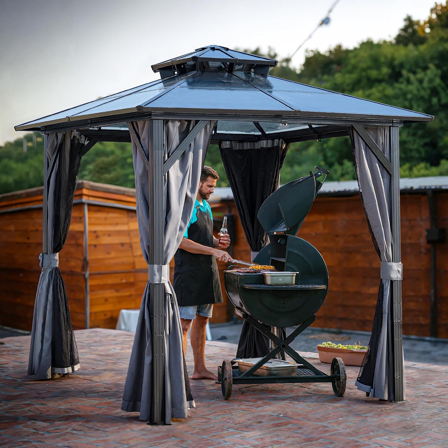 8x8FT Outdoor Grill Gazebo with UV-Resistant Polycarbonate Hardtop Roof - Weather-Resistant Aluminum Frame, Built-in Storage Hooks - Perfect for Patio, Lawn, Garden BBQ & Dining