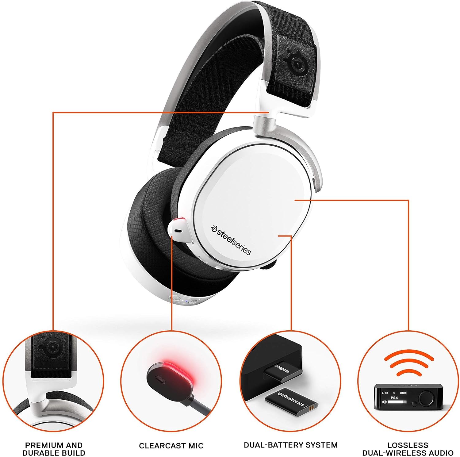 SteelSeries Arctis Pro Wireless - Gaming Headset - Hi-Res Speaker Drivers - Dual Wireless (2.4G & Bluetooth) - Dual Battery System - White