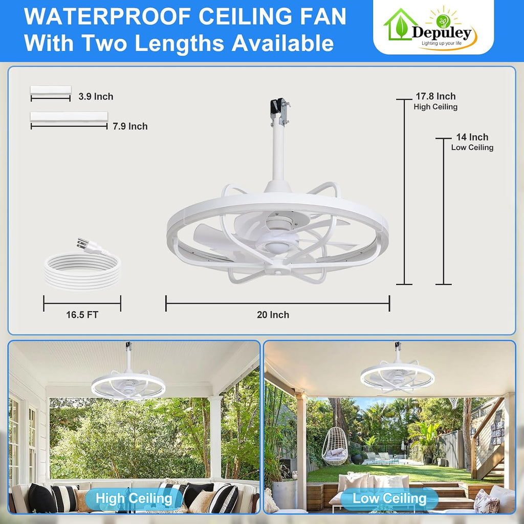 Depuley 20' Outdoor Ceiling Fan with Lights, White Waterproof Gazebo Hanging Fan with Remote App Control, Dimmable Plug in Caged outdoor Ceiling Fans for patios Porch 6-Speeds