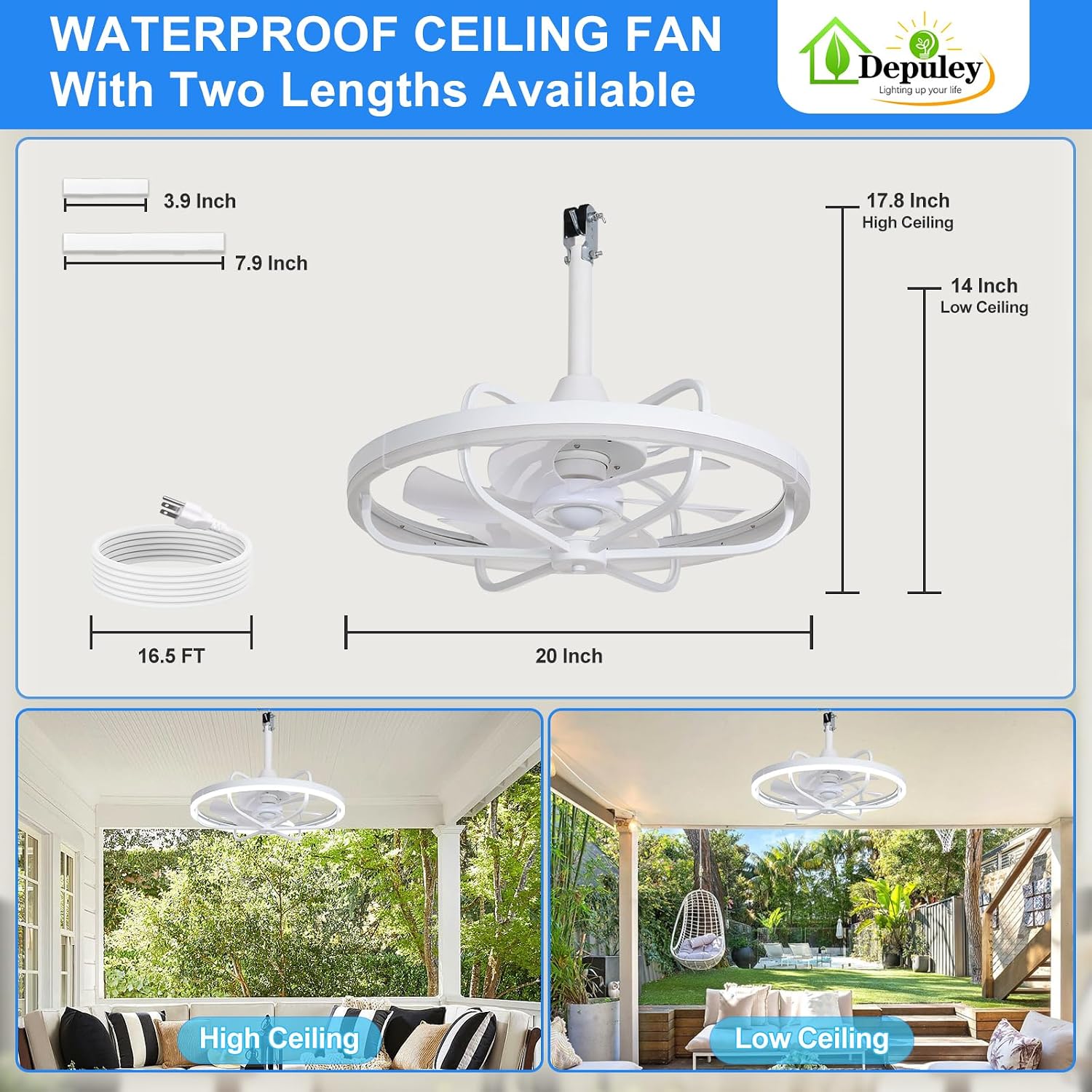 Depuley 20' Outdoor Ceiling Fan with Lights, White Waterproof Gazebo Hanging Fan with Remote App Control, Dimmable Plug in Caged outdoor Ceiling Fans for patios Porch 6-Speeds