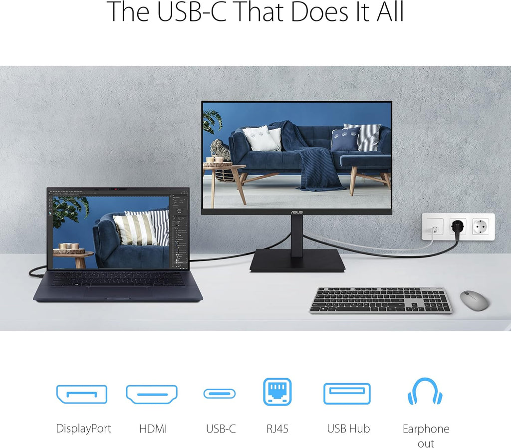 ASUS 23.8' 1080P Docking Monitor (VA24ECPSN) - Full HD, IPS, 75Hz, Adaptive-Sync, Speakers, Eye Care, Low Blue Light, Flicker Free, USB-C, RJ45, HDMI, Frameless, Height Adjustment, VESA Wall Mountable