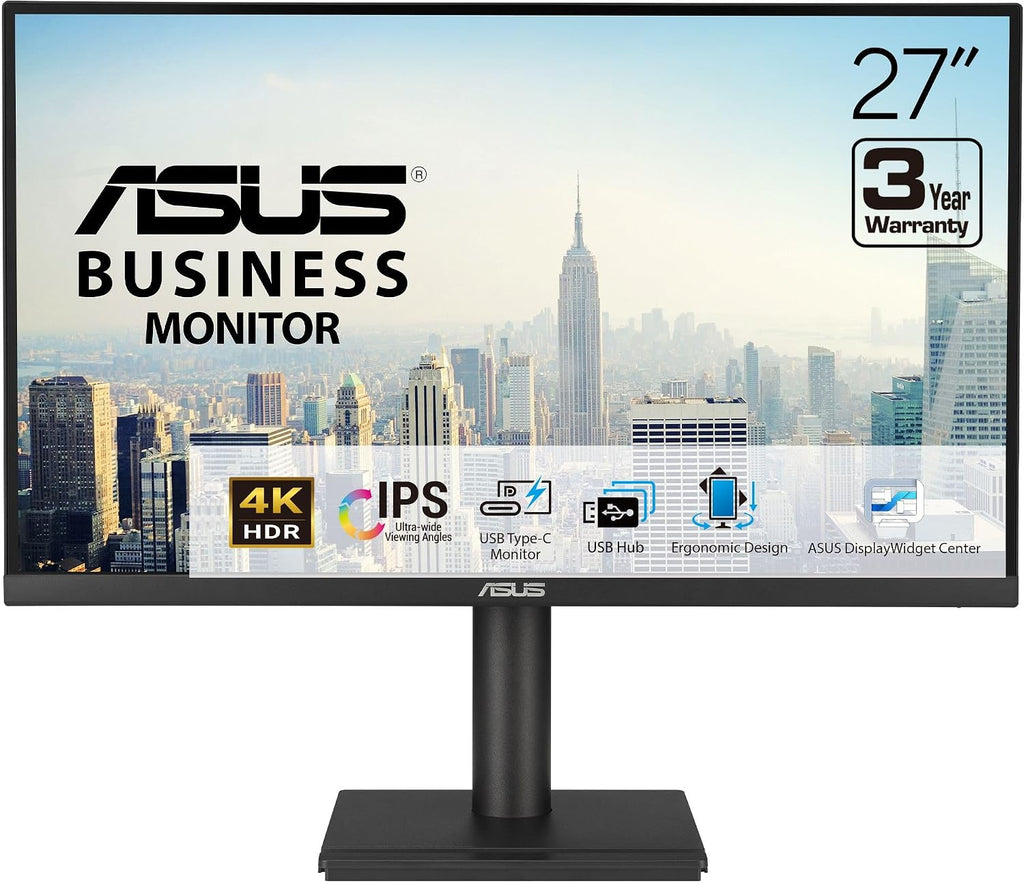 ASUS 27' 4K Business Monitor (VA27UCPS) - UHD (3840 x 2160), IPS, 99% sRGB, HDR-10, USB-C PD65W, USB Hub, Speakers, Eye Care, Ergonomic, VESA Wall Mountable, Green Sustainability, 3 yr Warranty