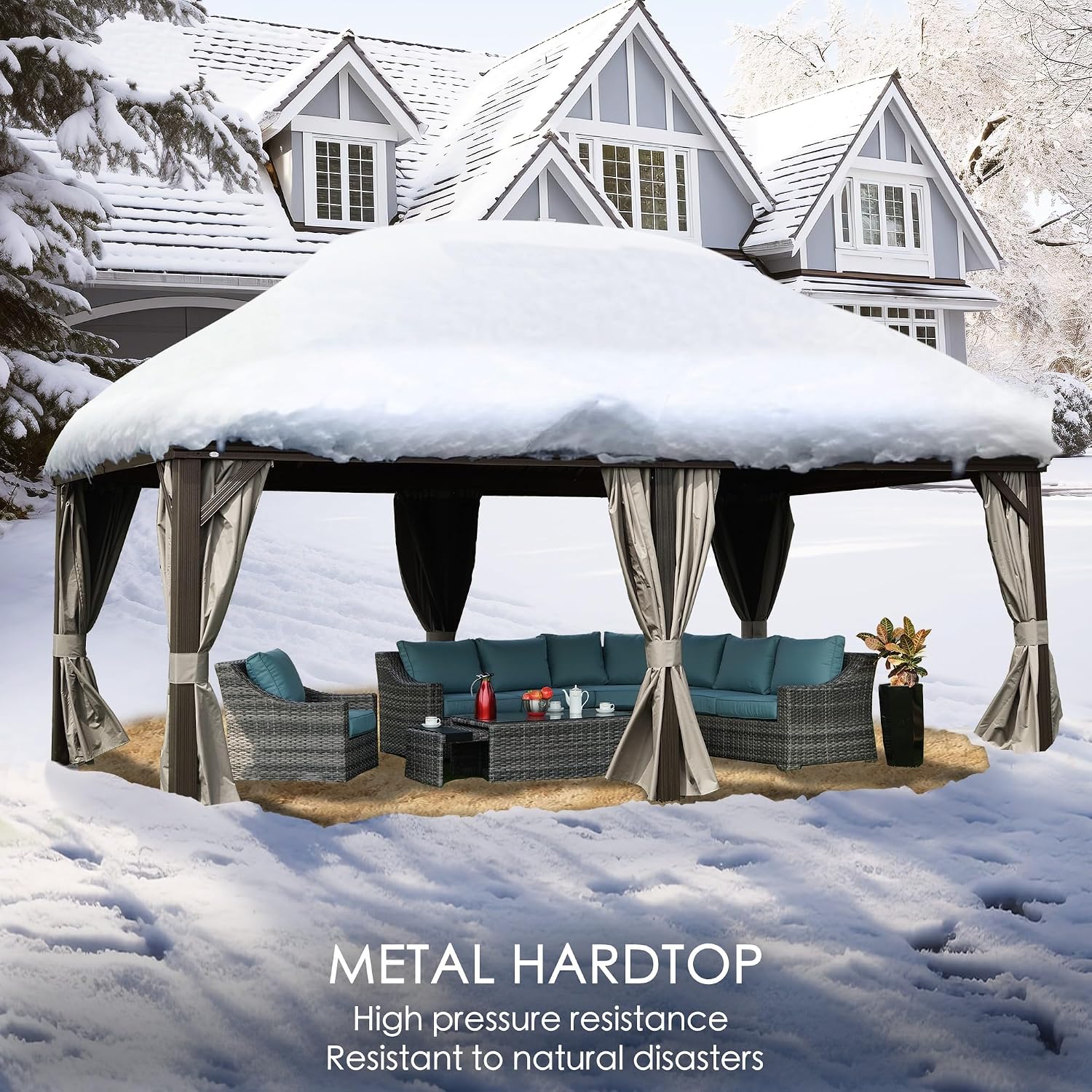 Kozyard Alexander 12' x 20' Hardtop Gazebo, Aluminum Frame with Galvanized Steel Double Roof, Outdoor Permanent Pavilion with Curtains and Netting for Patio, Backyard, Deck, Lawn (Brown)