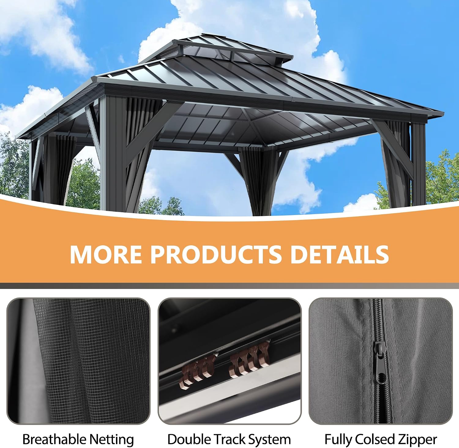 12'x12' Hardtop Gazebo, Outdoor Double Roof Galvanized Steel Gazebo, Aluminum Frame Permanent Pavilion with Curtains & Netting for Backyard, Patio, Deck (12x12)