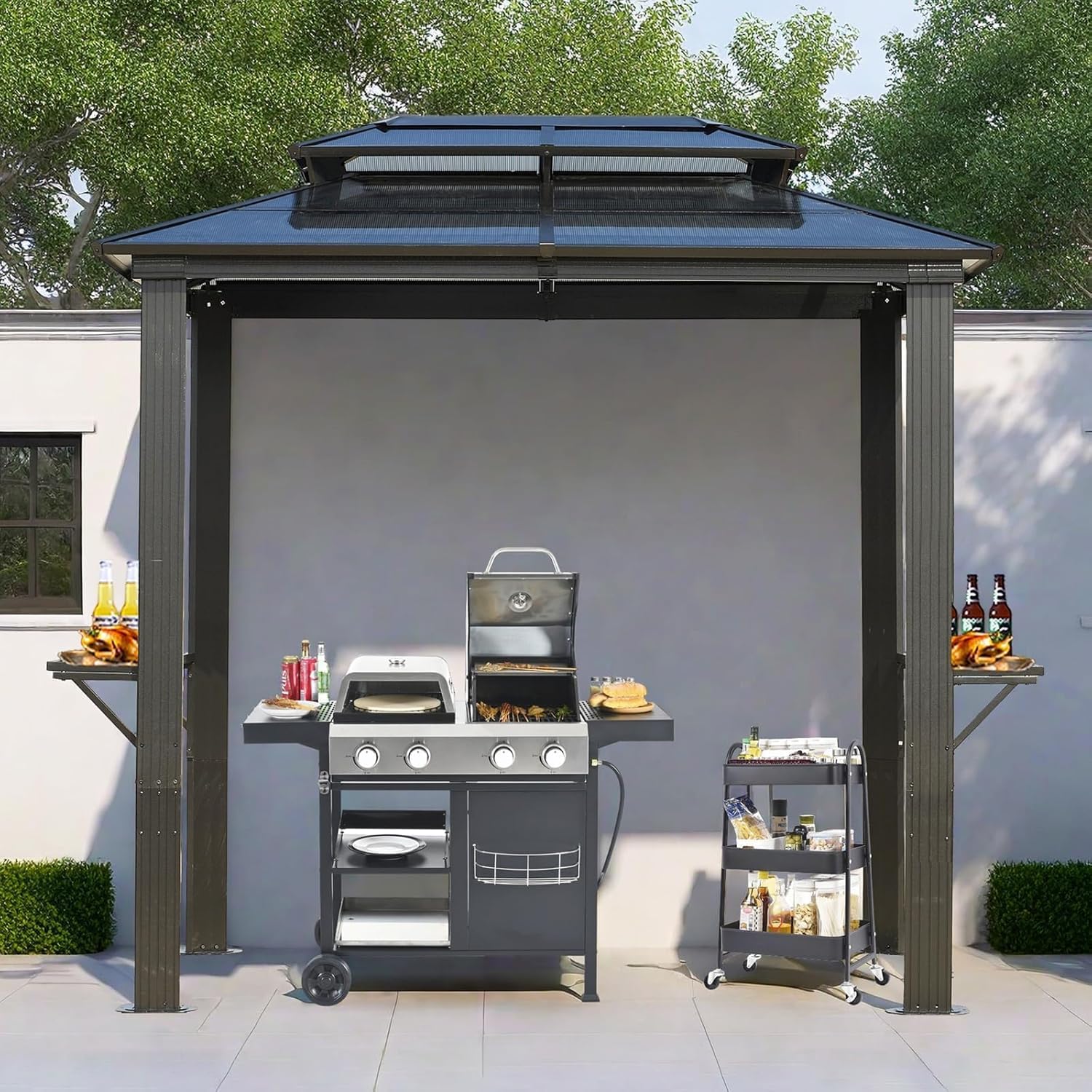 Endark Grill Gazebo 8x5FT, BBQ Gazebo with Two Metal Shelves, Aluminum Frame, Outdoor Grill Canopy with Double Polycarbonate Roof for Lawn Patio, Garden, Backyard