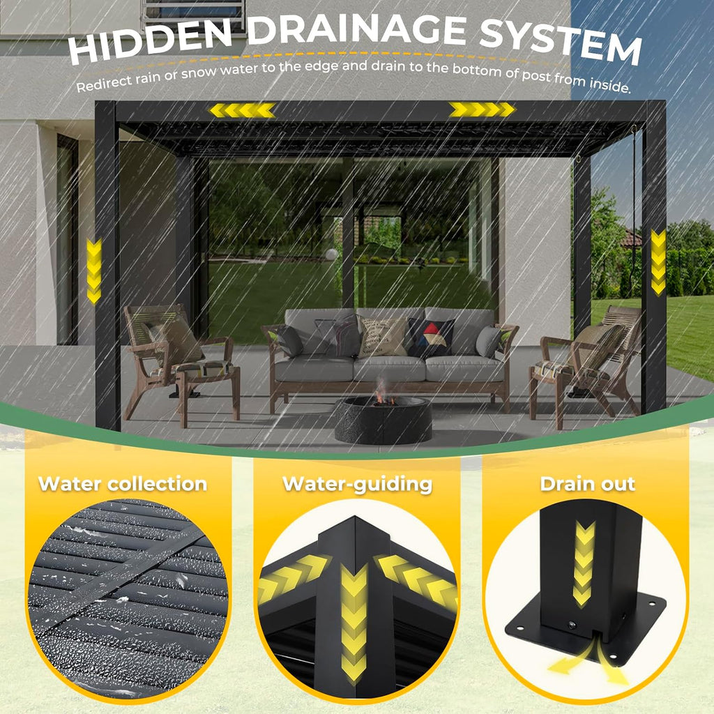 LVUYOYO 10' x 13' Outdoor Louvered Pergola, Metal Aluminum Pergola with Adjustable Roof, Waterproof Gazebo with for Patio, Backyard, Garden, Deck (Black)