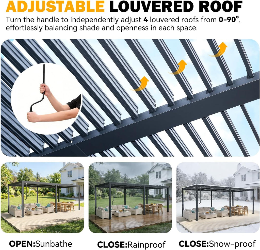 MELLCOM Pergola Louvered 10x20,Metal Hardtop Pergola with Adjustable Roof for Sun & Rain Shade, Outdoor Gazebo with Integrated Drainage System, Modern Rustproof Patio Canopy Carport