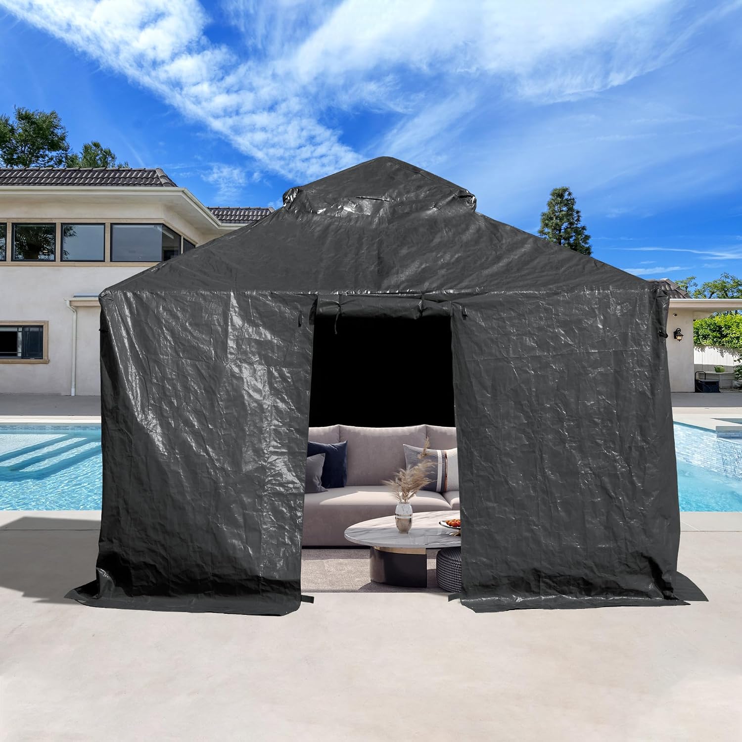 Domi 10' x 10' Winter Gazebo Cover, All Season Universal Waterproof Enclosed Cover with Sidewalls & Mesh Windows for Hardtop Gazebos, Heavy Duty All-Weather Outdoor Protection (Grey)
