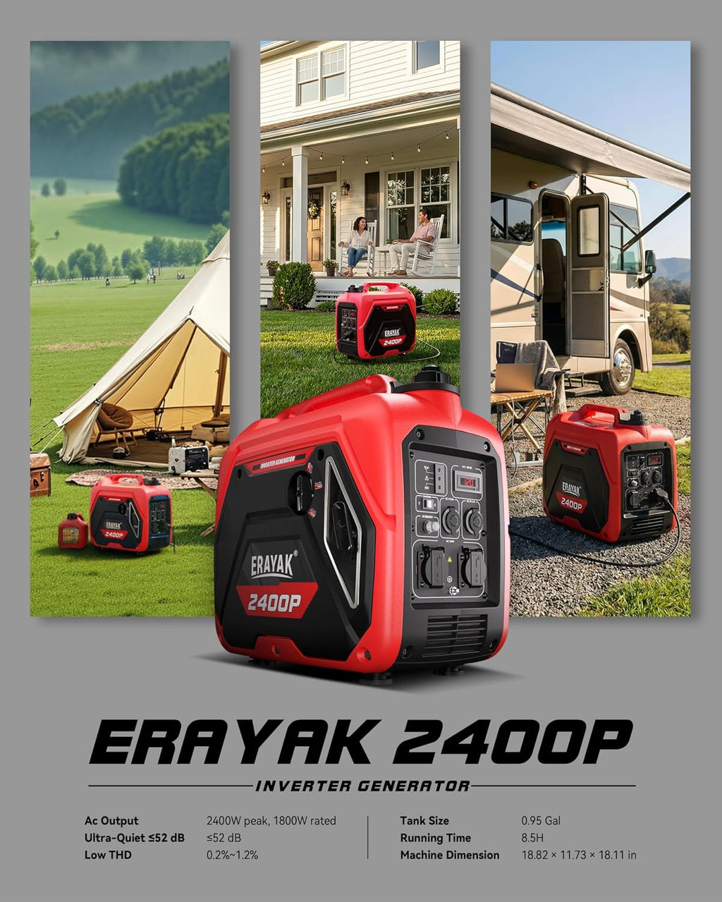 ERAYAK 2400W Portable Inverter Generator for Home Use, Super Quiet Small Generator for Camping Outdoor Emergency Power Backup, Gas Powered Engine, EPA, ECO Mode