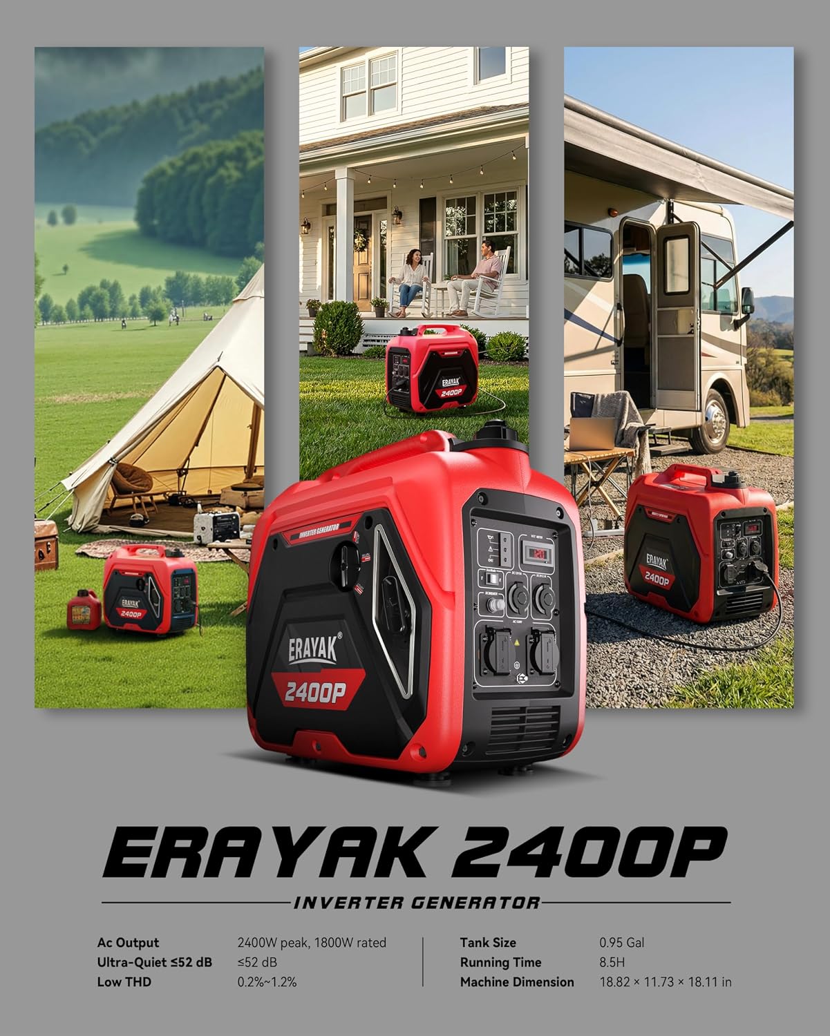 ERAYAK 2400W Portable Inverter Generator for Home Use, Super Quiet Small Generator for Camping Outdoor Emergency Power Backup, Gas Powered Engine, EPA, ECO Mode