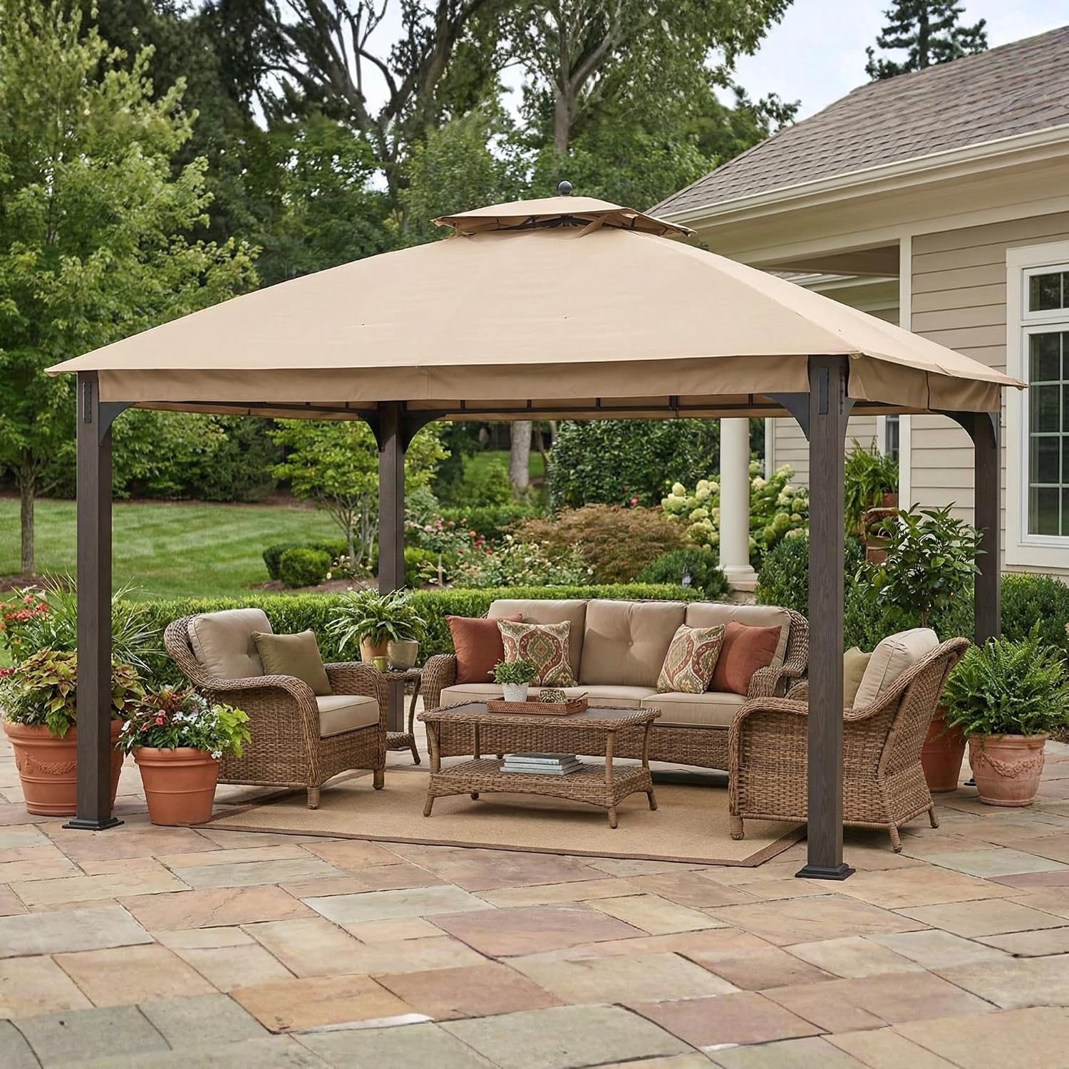 Garden Winds Reinforced RipLock 350 Replacement Canopy Top Cover Compatible with Shadow Creek 10' x 12' Gazebo Model L-GZ1140PST - Beige