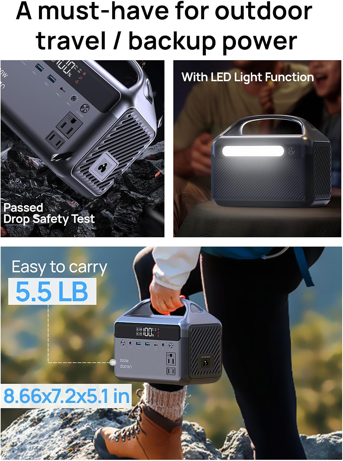 DARAN 192Wh Solar Generator with Solar Panel Included Portable Power Station 300W LFP Battery & AC Outlets 110V/ 600W Surge, Power Bank Fast Charging for Camping/Home/Power Outage/Hurricane Emergency