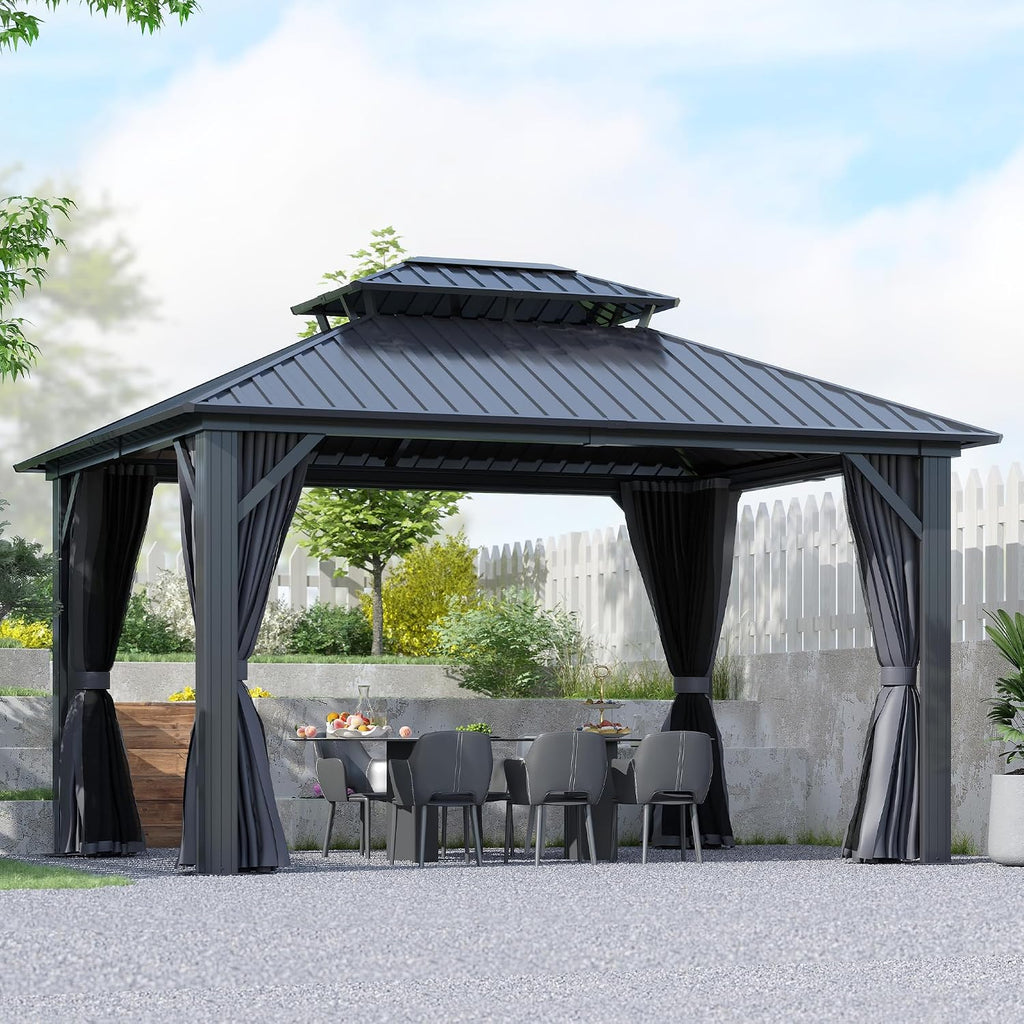 12'x14' Hardtop Gazebo, Outdoor Double Roof Galvanized Steel Gazebo, Aluminum Frame Permanent Pavilion with Curtains & Netting for Backyard, Patio, Deck (12x14)