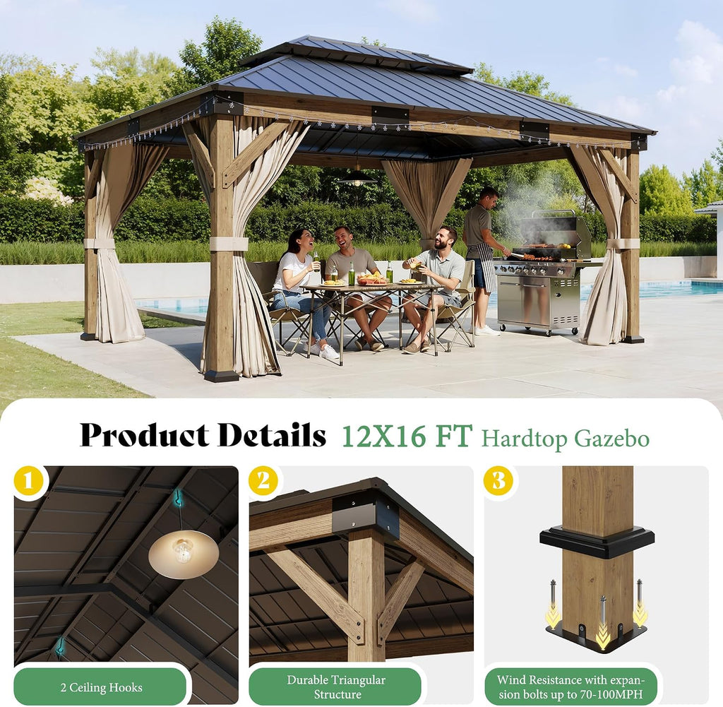 AMERLIFE 12' x 16' Heavy Duty Hardtop Gazebo with Double Metal Roof, Wood Gazebo with Privacy Curtains & Mosquito Netting, Outdoor Pavilion for Backyard, Garden & Patio, Brown