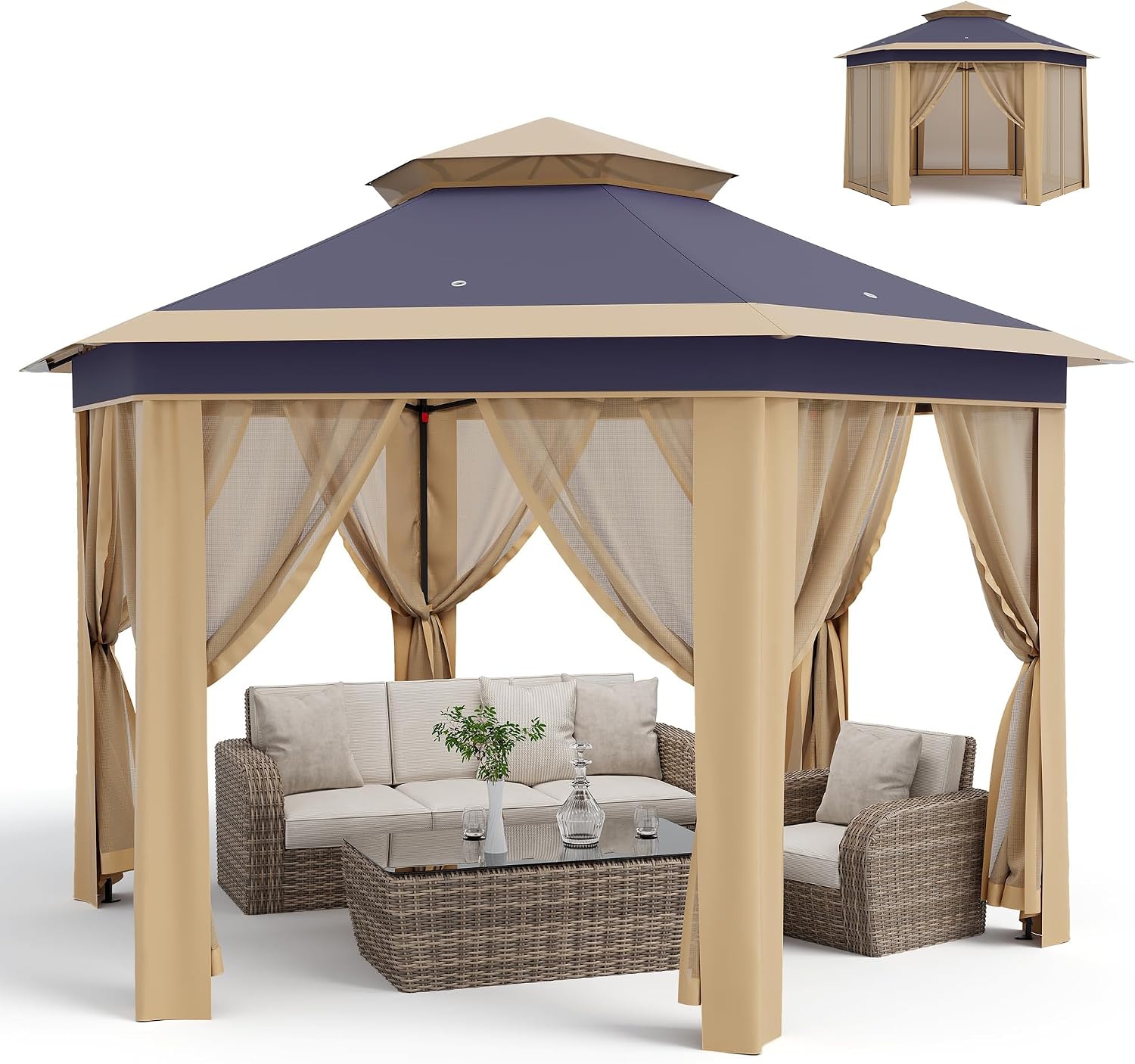 13 x 13FT Pop Up Gazebo, Instant Canopy Tent with Mosquito Net & Double Roof, Pop Up Canopy Tent Adjustable Height for Patio, Party, Gray&Khaki
