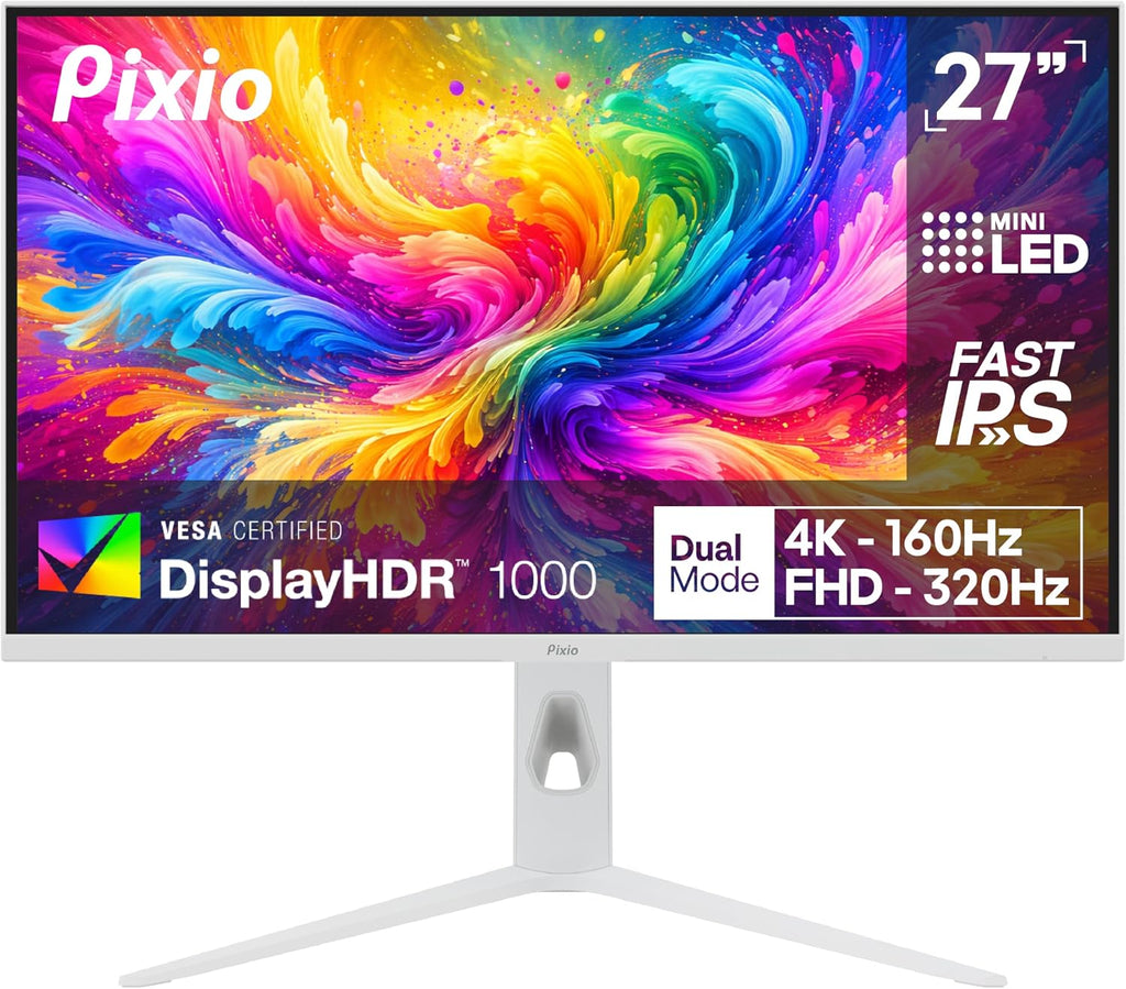 Pixio PX27UM Mini LED White 27 inch Dual Mode UHD 4K 160Hz/FHD 1920x1080 320Hz Fast IPS Panel 1ms GTG Response Time Gaming Monitor with Adaptive Sync HDR and Fully Adjustable Stand