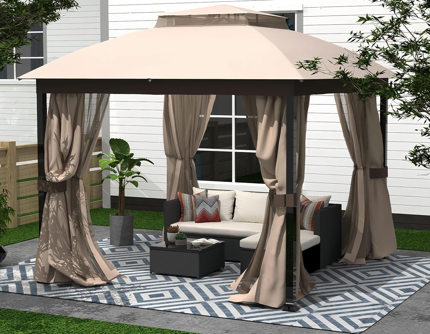 Sannwsg Outdoor Patio Gazebo 10x10 FT, Soft Top Gazebo Canopy with Double Roof, Square Metal Frame, Mosquito Netting & Privacy Curtains, for Backyard & Deck, Beige Netting
