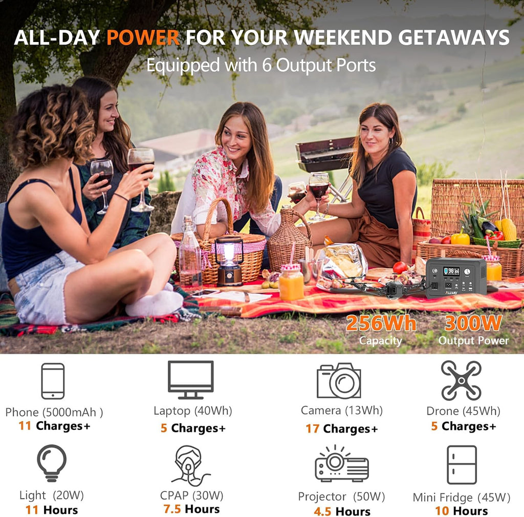 ALLWEI Portable Power Station 300W, 256Wh Solar Generator with 110V Pure Sine Wave AC Outlet,6 Output Ports,Backup LiFePO4 Battery Generator for Camping Outdoor Emergency Home (Solar Panel Optional)