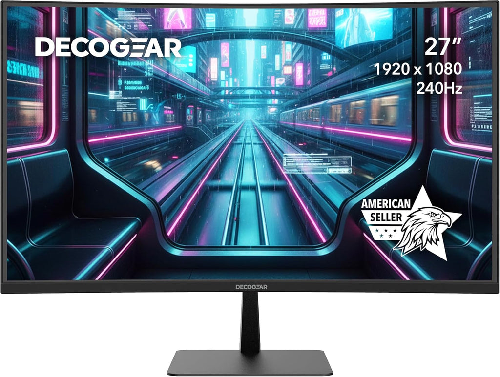 Deco Gear 27' 240Hz Curved Gaming Monitor, 1500R VA, FHD 1080p, HDR, 99% sRGB, Premium Adaptive-Sync, 5ms OD, HDMI & DisplayPort, FPS/RTS Modes, PC & Console Compatible, American Seller