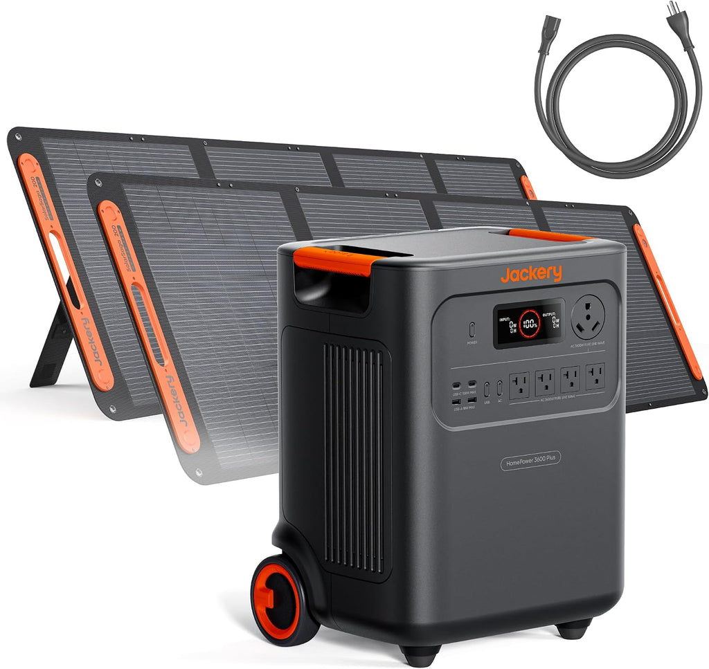 Jackery HomePower 3600 Plus Portable Power Station with AC Cable and 2X 200W Solar Panels, 3600W AC Output, 3584Wh Solar Generator, Expandable up to 21kWh, Essential Home Backup for Home Use