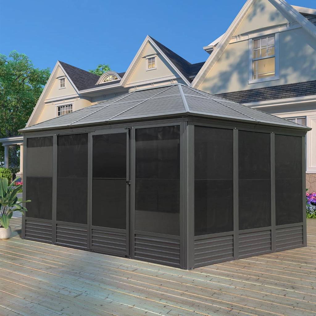 Domi 11.2x14.6FT Solarium Sunroom Kit, Outdoor Enclosed Patio Sunroom Gazebo with Aluminum Frame, Permanent Freestanding Hardtop Gazebo with 2 Sliding Doors (Front and Rear), Movable PVC Windows
