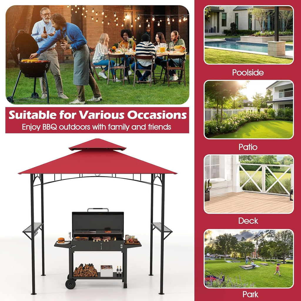 Tangkula 8x5 Ft Grill Gazebo, 2-Tier Barbecue Gazebo with 2 Shelves, 7 Hooks, Metal Frame, Outdoor Grill Canopy for Backyard Garden Poolside (Wine)