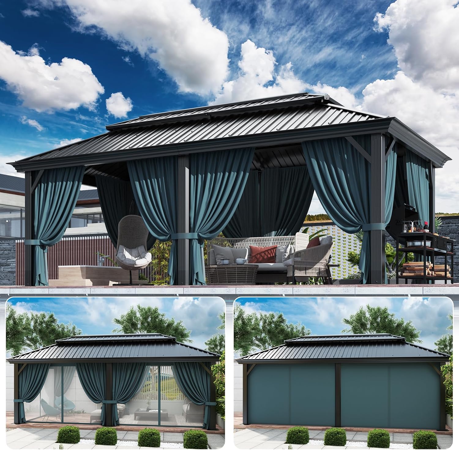 HOTEEL 12x20 Gazebo with Metal Roof Heavy Duty Hardtop Gazebo with Flame-Retardant Curtain & Netting, Hot Tub Gazebos with Galvanized Steel Double Roof, Outdoor Canopy for Patio (2025 Upgraded)