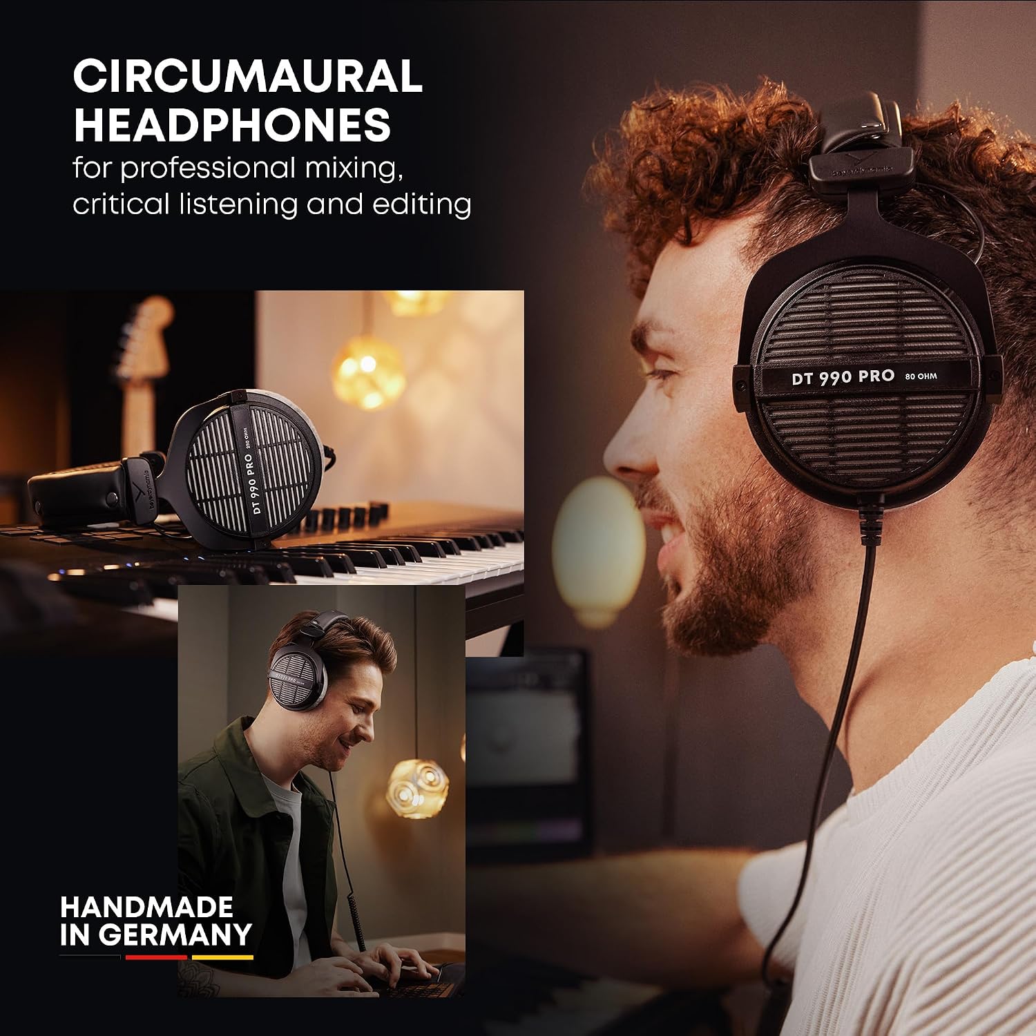 beyerdynamic DT 990 PRO, 80 Ohm, Open Back, Over Ear, Wired Professional Studio Headphones, Gaming, Podcast, Audiophile, Mixing, 3m Straight Cable, Black with Gray Velour Ear Pads