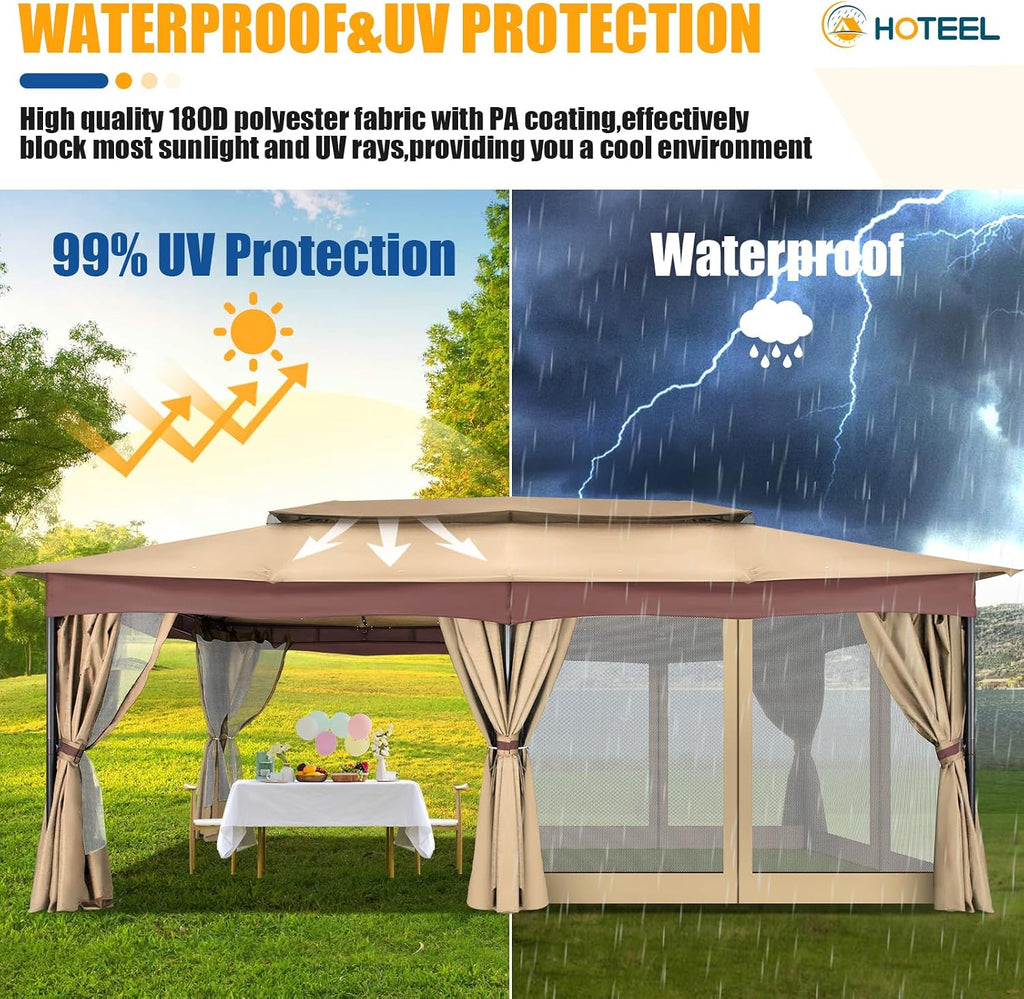 HOTEEL Gazebo 12x20, Outdoor Gazebo on Clearance with Double Ventilated Arc Roof, Privacy Curtains & Mosquito Netting, Easy Set up Canopy Tent with Stable Metal Frame for Patio, Khaki (Upgraded 2.0)