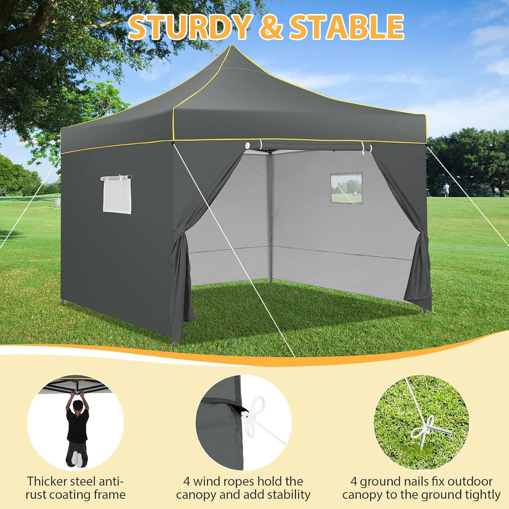 COBIZI 10x10 Pop Up Heavy Duty Canopy Tent with 4 Sidewalls, Easy Setup Outdoor Commercial Instant Tent for Parties Events Canopy with Portable Bag, Waterproof & UPF50+ (Gray)