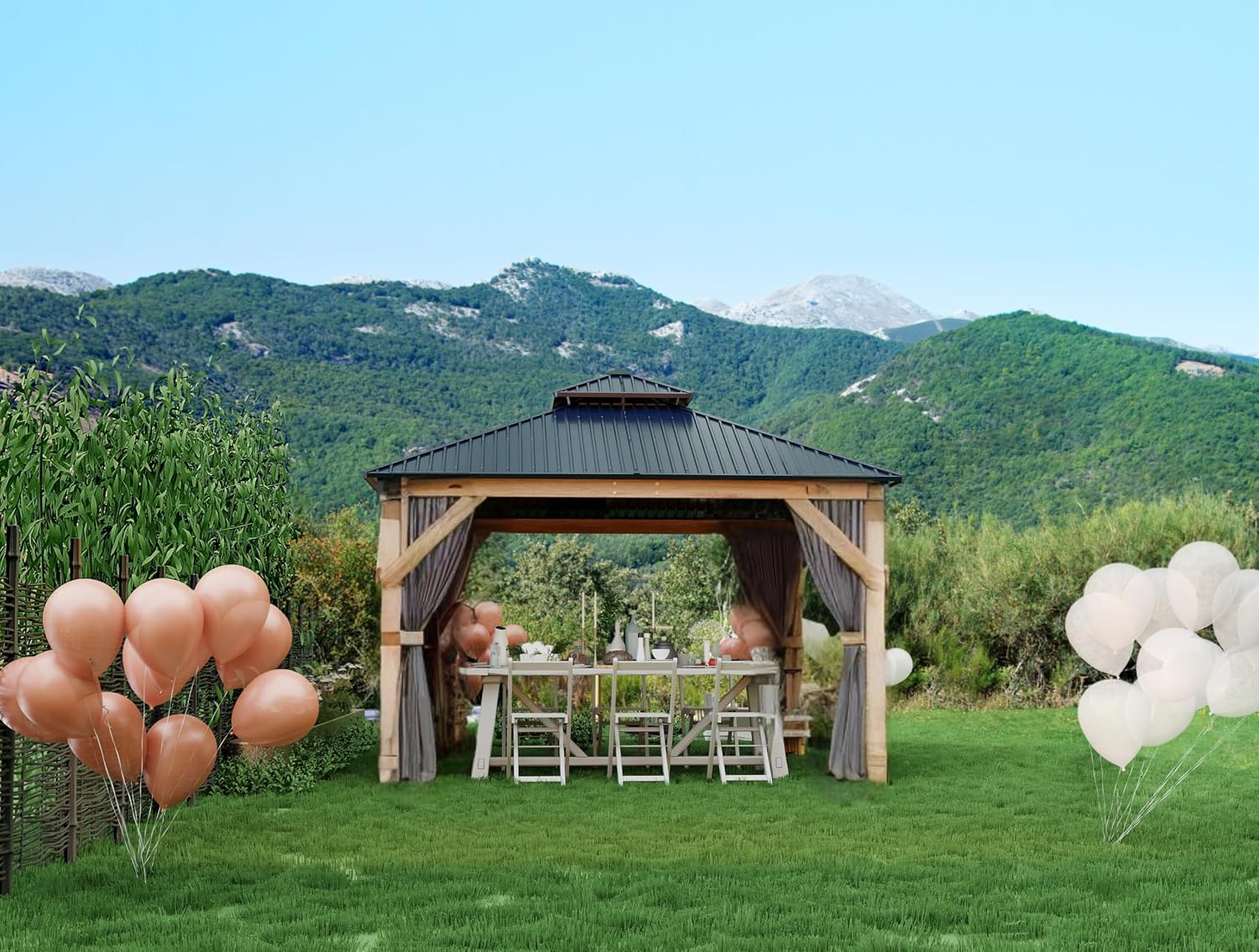 GarveeLife Hardtop Wood Gazebo 10 ft x10 ft for All Weather, with Double Metal Roof, Heavy Duty Wooden Frame, Net, and Curtain, Permanent Building for Patio, Deck, Backyard, Lawn, and Garden