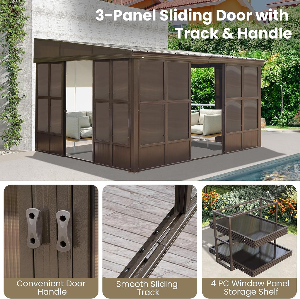 Domi 10x12FT Wall Mounted Sunroom, Against Wall Solarium with Galvanized Steel Sloping Roof, Detachable PVC Screen, Lockable Sliding Door, Lean-to Gazebo Sun Room for Patio Deck