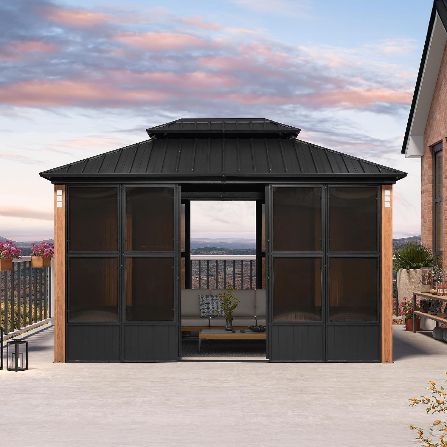 PURPLE LEAF Hardtop Gazebo Sunroom 10' x 13', Enclosed Patio Solarium with Mesh & Removable PC Panels, Magnetic Sliding Doors Outdoor Living Space for Backyard Lounge, Dining & Spa