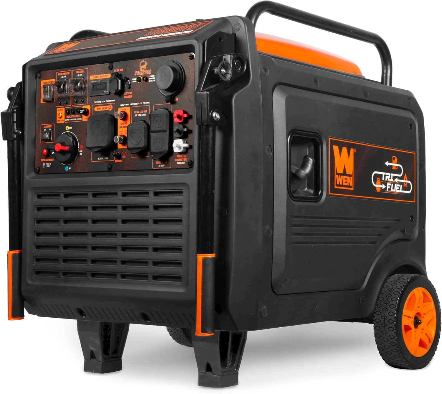 WEN 10,500-Watt 120V/240V Tri-Fuel Inverter Generator with Quiet 457cc Engine, Electric Start, Wheel Kit, and CO Watchdog, Gas, Propane, and Natural Gas Powered (TF1050iX)