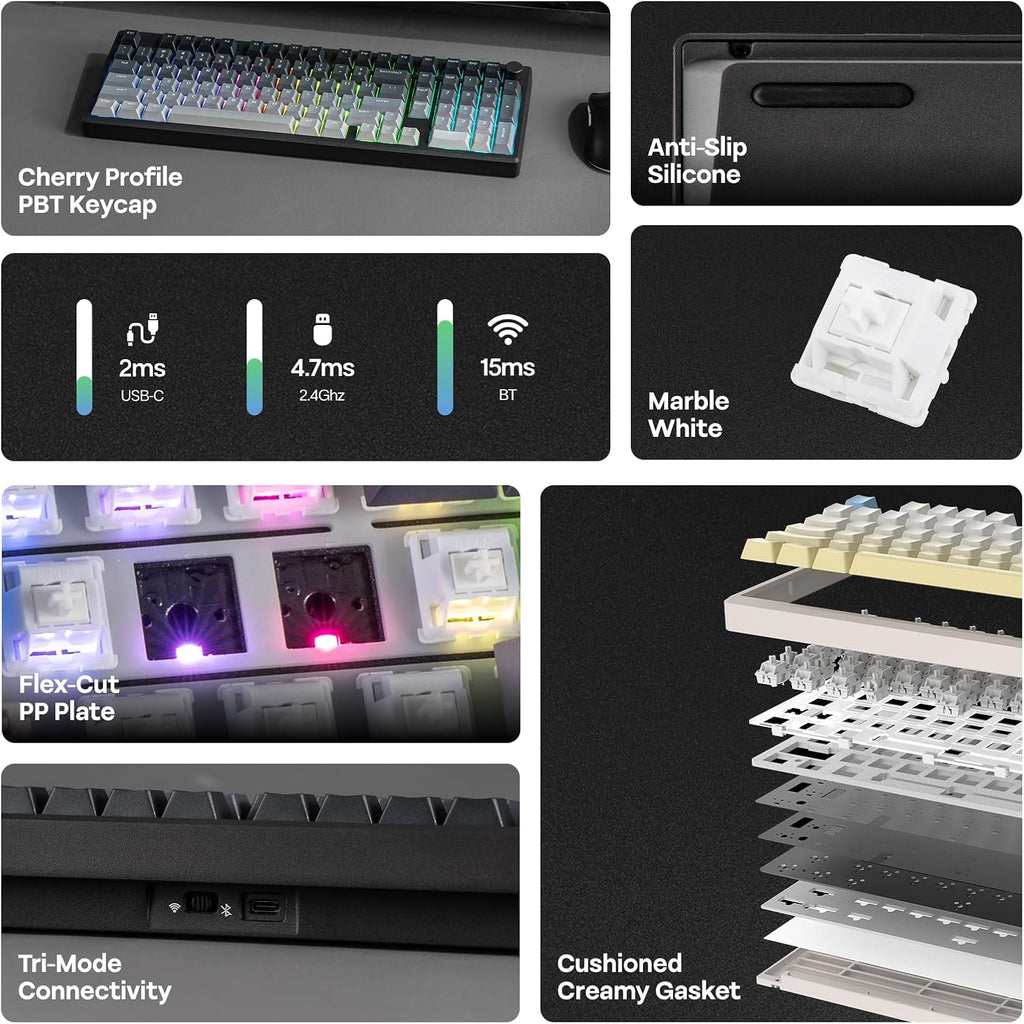 EPOMAKER Galaxy100 Lite QMK/VIA Gaming Keyboard with 8000mAh Battery and Numpad, 1800 Aluminum Mechanical Keyboard, USB-C/BT/2.4Ghz, Hot-Swap, Creamy Sound (Black, Marble White Switch)