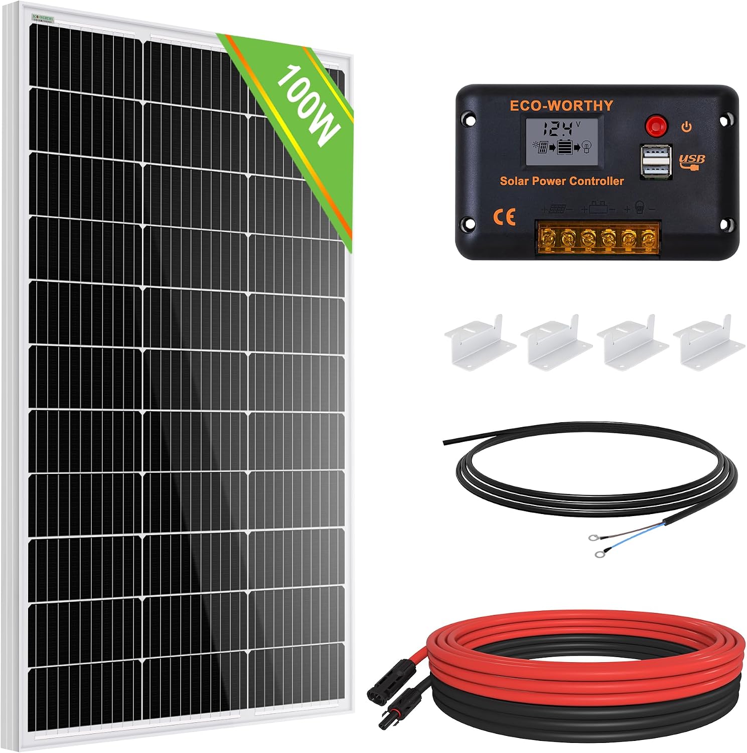 ECO-WORTHY 100 Watt 12 Volt Solar Panel Kit with 100W Bifacial N-Type 25% High Efficiency Solar Panel+30A PWM Charge Controller for RV Battery Boat Trailer Cabin Garden Shed Home