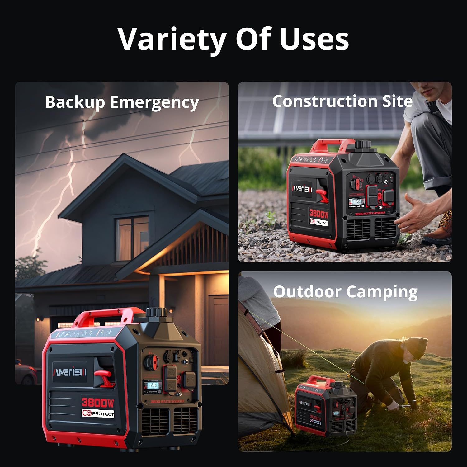 AMERISUN 3800W Portable Inverter Generator, CO Sensor, Gas Powered Generator, Super Quiet for Home Use, ECO Mode EPA Compliant, Parallel Capable Long Run Time for Camping Tailgating Emergency