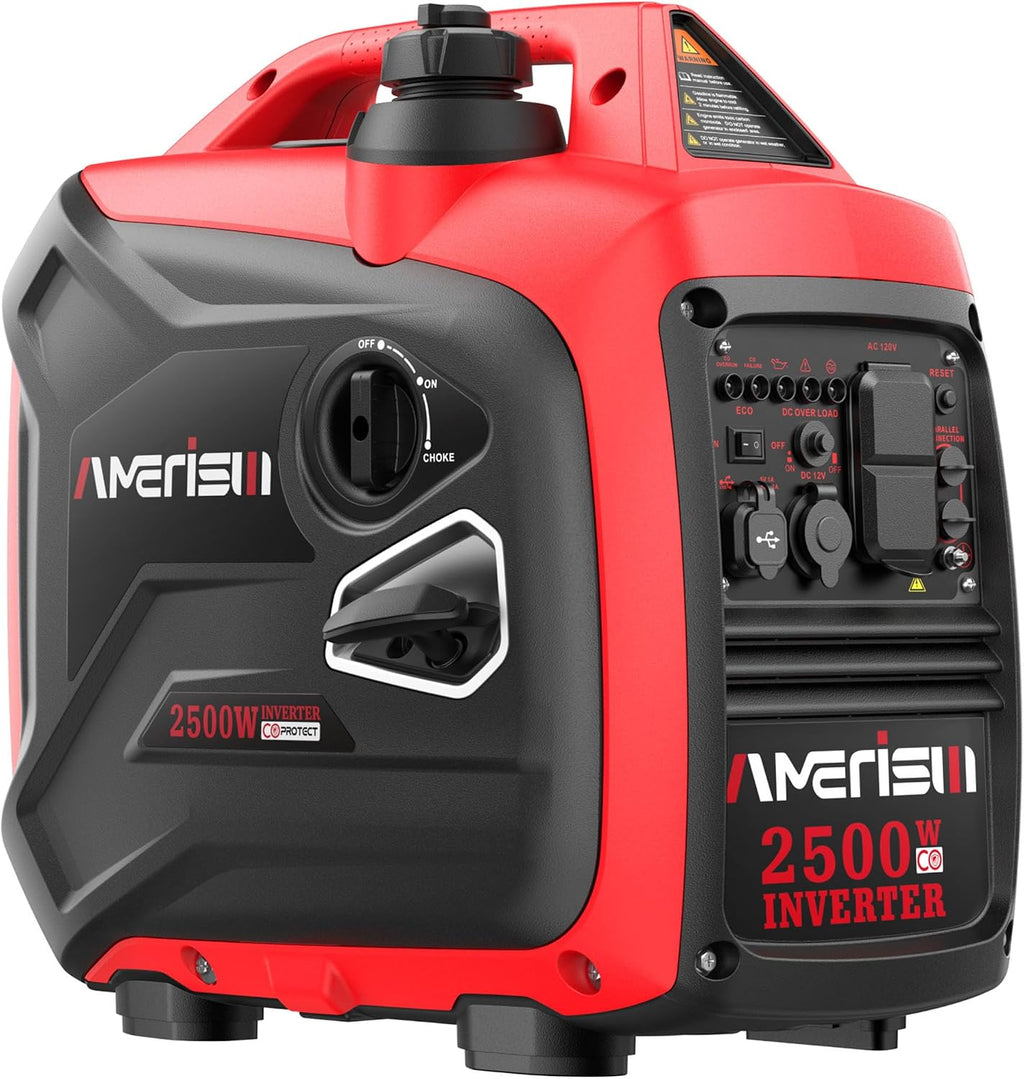 AMERISUN 2500-Watt Inverter Generator, Super Quiet & Lightweight Gas Powered Generator, CO Sensor, RV Ready Parallel Capable, Long Run Time for Camping, Tailgating and Home Use