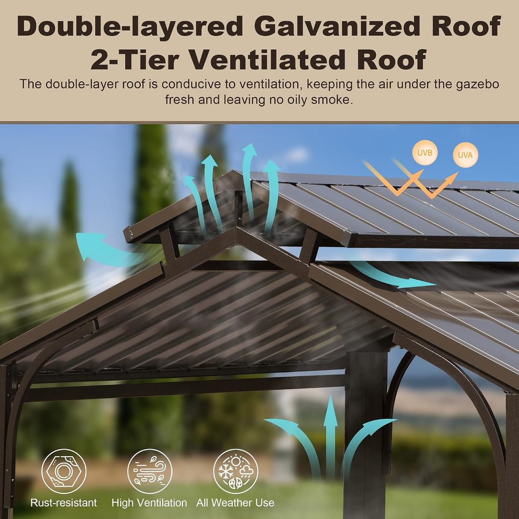 Domi 8x5FT Hardtop Grill Gazebo, Outdoor BBQ Gazebo with 2 Side Shelves and Ceiling Hook, Metal Grill Canopy with Galvanized Steel Double Roof for Patio Lawn Patio Backyard Deck, Brown