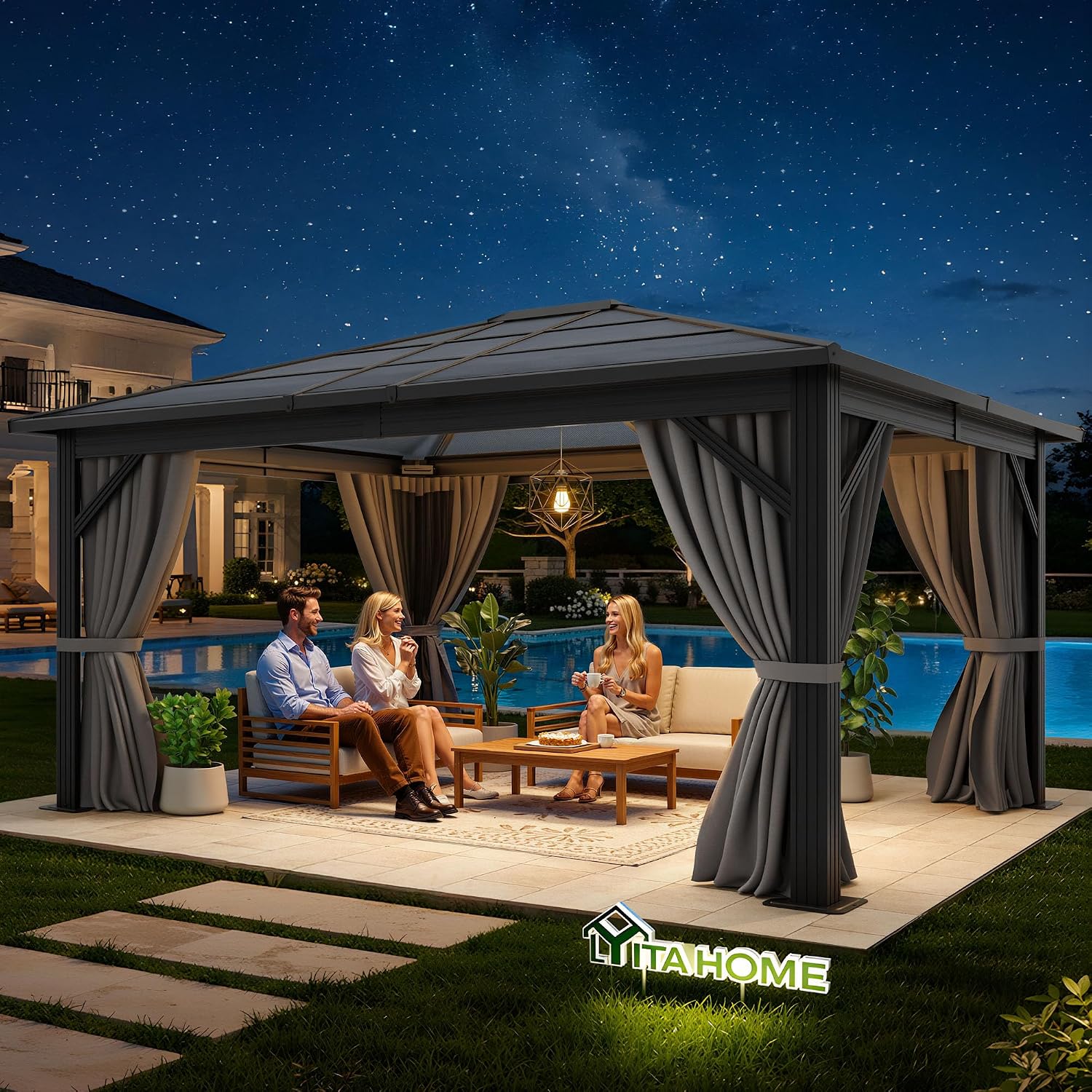 YITAHOME 10x12ft Polycarbonate Gazebo Single Top Outdoor with Netting and Shaded Curtains, Metal Frame Garden Tent for Patio, Backyard, Deck and Lawns, Gray