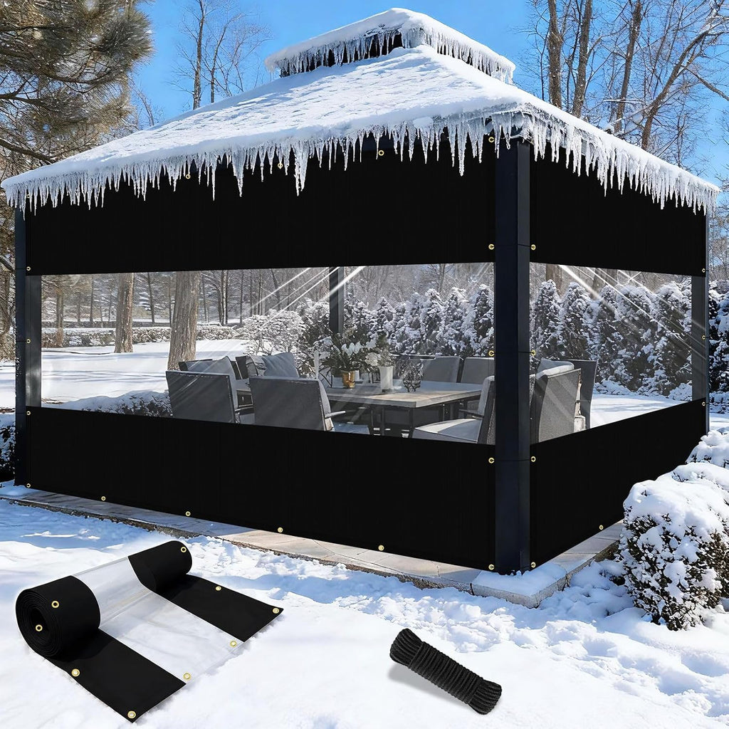 Shade&Beyond Outdoor Vinyl Curtain, 4'W x 12'L Heavy Duty Clear Tarp with Grommets Waterproof, Privacy Clear Panel UV-Resistant for Pergola Gazebos Porch Enclosure Patio(Customized Size, Black)