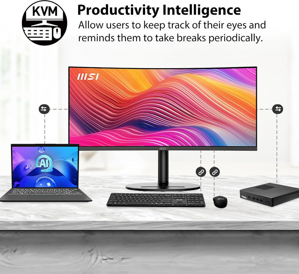 msi Modern MD342CQP 34 in VA 3440 x 1440(UWQHD) Computer Monitor, 120Hz, 1800 Curved, Adaptive-Sync, HDMI, DP, USBC 98W Power Delivery, KVM, Height Adjustable, VESA, Speaker, 1ms, Black